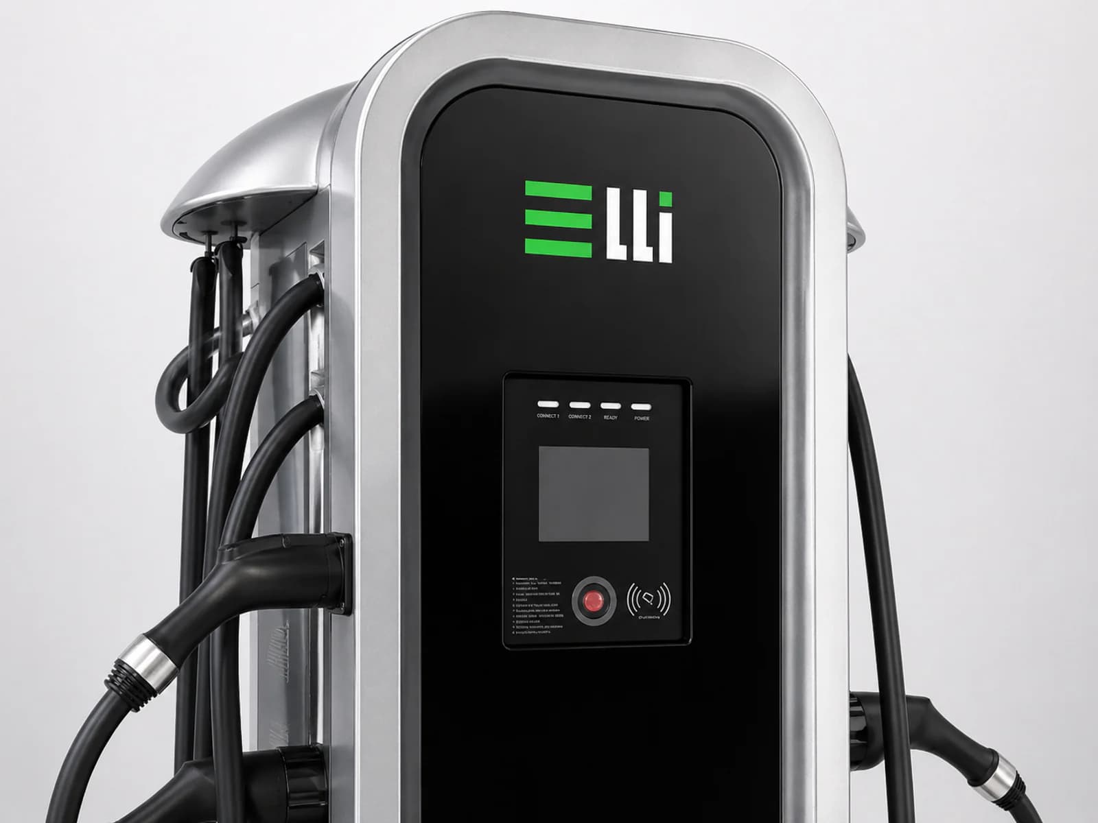 Логотип, экран, RFID-считыватель и аварийная кнопка станции ELLI 150 кВт